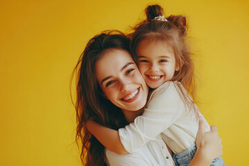 Canvas Print - Happy young woman, a mother, and her little daughter in casual having fun, hugging on a yellow background.