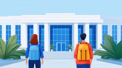 Wall Mural - student attending a campus tour with a group of freshmen, learning about key buildings and resources
