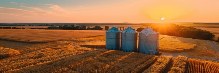 Wall Mural - Aerial perspective of a wheat field and grain storage structures on a farm during sunset.