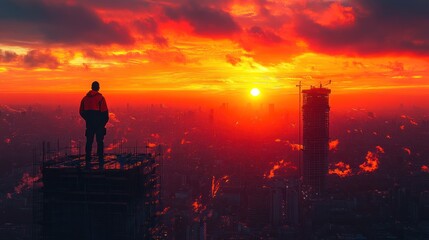 Sticker - A lone figure on a rooftop as the sun sets over the city