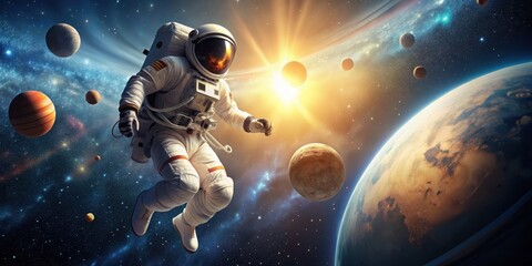 of an astronaut in space looking at the solar system, astronaut, space, solar system, stars, planets