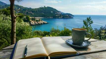 Wall Mural - Scenic Vacation Spot: An Open Travel Journal with a Pen and a Cup of Coffee on a Table