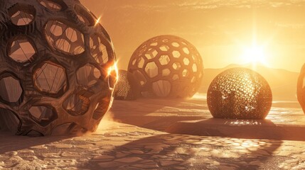 Futuristic Spheres on Desert Landscape.