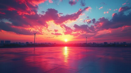 Poster - Wind Turbines Silhouetted Against a Vibrant Sunset