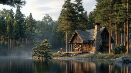 Poster - Secluded Cabin by the Lake