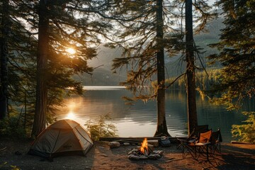 A scenic campsite with a tent, campfire, and two chairs overlooking a tranquil lake at sunset.