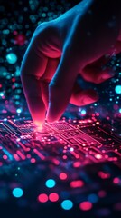 Aufkleber - Hand touching glowing circuit board with neon lights, futuristic technology concept