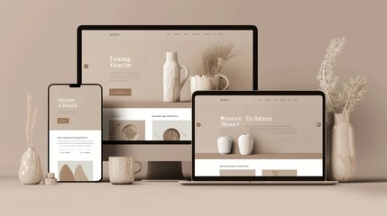 Beige aesthetic modern workplace mockup with laptop, phone and computer.