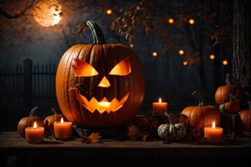 Halloween pumpkin  with burning candles, Spooky Forest with a full moon and wooden table,