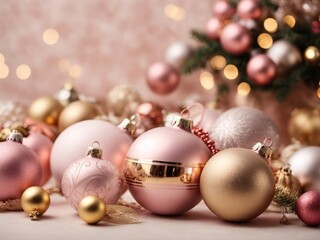 Pastel Pink and Gold Beautiful Christmas balls Seasonal Background.