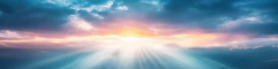 Poster - A beautiful blue sky with sun rays illuminating the clouds from behind.