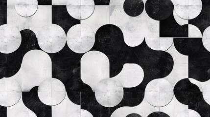 Poster - Abstract Geometric Pattern: Black and white circular and curved shapes on a distressed concrete background create a dynamic and modern abstract pattern. This image is perfect for design projects