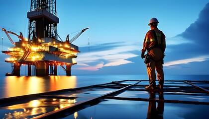 Wall Mural - Dusk on an offshore oil rig with a worker in safety gear surrounded by industrial lights reflecting on calm ocean waters