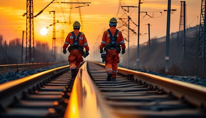 Wall Mural - Dedicated railway worker in protective gear navigating tracks at sunset, showcasing the beauty of industrial landscapes and commitment to safety