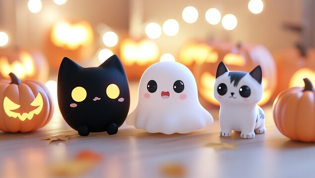 3D cute ghost, black cat and white pug next to pumpkins with glowing eyes