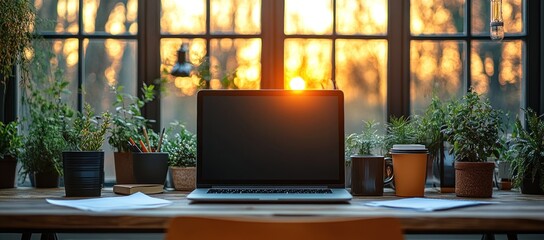 Poster - Laptop on a Desk with a Sunset View