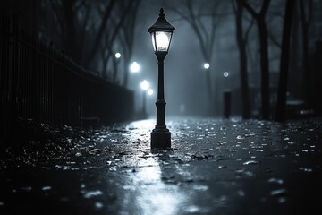 Sticker - A Single Streetlight Illuminates a Foggy Night Path