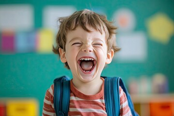 Wall Mural - Child, face and laughing in school classroom or education with backpack for kindergarten, learning or joke. Boy, kid and portrait for study development on academy campus or student, humor or funny, ai