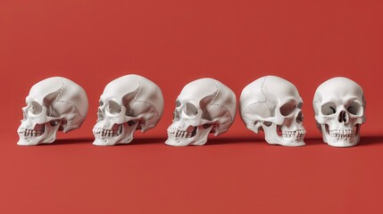 Five white human skulls arranged in a row on a red background, viewed from the side.