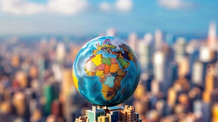 Wall Mural - Globe sits atop a building in a city, with a blurry skyline in the background, symbolizing global connectivity and urban life.