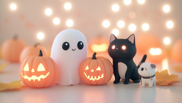 3D cute ghost, black cat and white pug next to pumpkins with glowing eyes