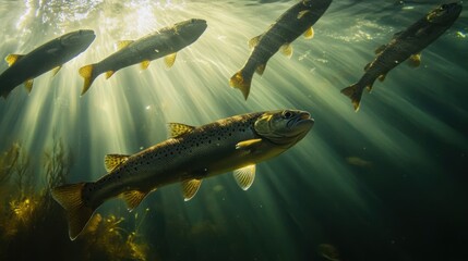 Poster - Sunbeams Illuminating a School of Trout in a Green Lake