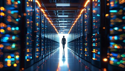 Poster - Person walking through illuminated data center corridor, flanked by server racks and vibrant lights