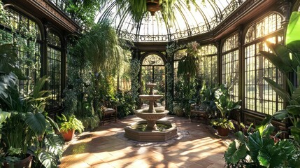 Sunlit Conservatory with a Fountain