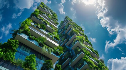 Wall Mural - modern skyscraper covered in lush greenery, showcasing a sustainable approach to urban living blends seamlessly with nature demonstrating a harmonious relationship between architecture environment.