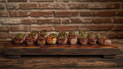 Wall Mural - Grilled Steak Bites with Herbs on a Wooden Platter