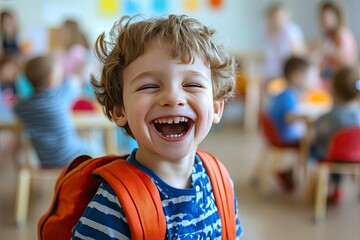 Wall Mural - Child, face and laughing in school classroom or education with backpack for kindergarten, learning or joke. Boy, kid and portrait for study development on academy campus or student, humor or funny, ai