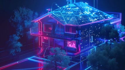 Poster - Futuristic smart home with neon lights and digital lines. This concept embodies innovation and advancement in technology.