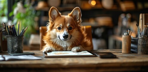 Wall Mural - Cute Dog Using a Tablet