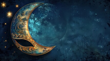 Wall Mural - Golden Crescent Moon with Stars and Galaxy Background.