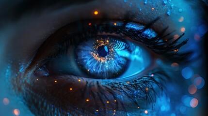 Close-up of a blue eye with sparkling light reflecting in it.