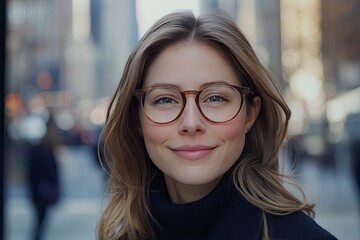 Woman, portrait and smile with glasses in closeup, entrepreneur and vision for career. Designer, happiness and worker with confidence on break in city for relax in town with professional, ai