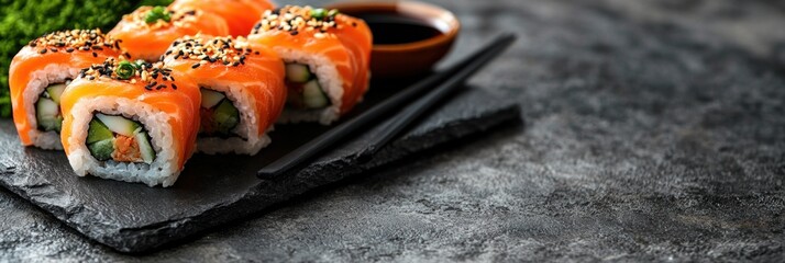 Canvas Print - Salmon Sushi Rolls on a Slate Plate