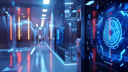 Poster - Futuristic corridor with digital interface displays on the walls, showing a science fiction-themed environment dominated by blue and red lighting, creating a visually appealing modern aesthetic.