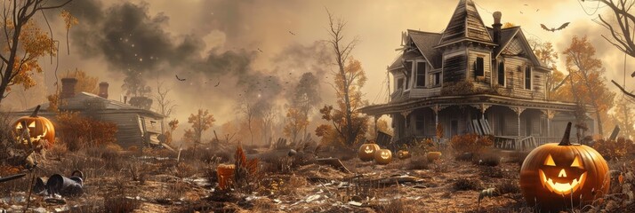 Wall Mural - Spooky Halloween Setting featuring an Old House and Pumpkin Lantern