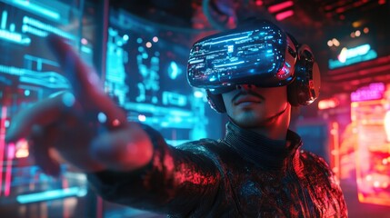 A gamer in full VR gear, controlling their avatar in a metaverse gaming world with vivid environments.