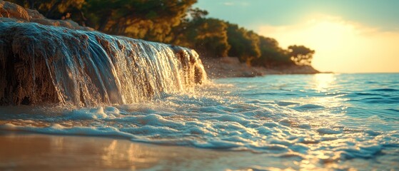 Wall Mural - A Waterfall Cascades into the Ocean at Sunset