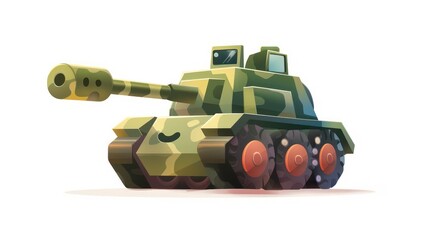 Cartoon illustration of a green military tank with a smiling face isolated on white background.