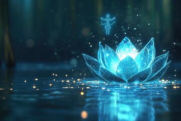 Poster - Glowing Blue Lotus Flower with a Fairy Above It