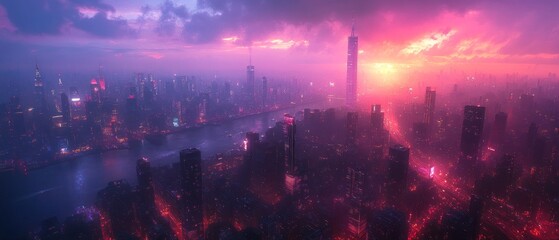 Poster - Futuristic Cityscape Under a Pink Sunset Sky