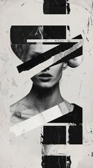 Wall Mural - Abstract Collage with Black and White Geometric Shapes and a Woman's Face.