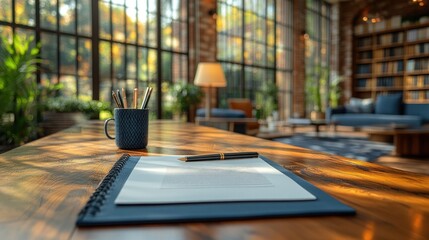 Poster - Wooden Desk with Notebook and Pen in a Modern Office