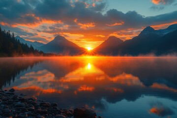 Canvas Print - Sunrise over Mountain Lake