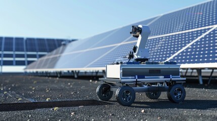 A robot on wheels rides next to the solar panel and uses a manipulator arm to clean the solar panel.