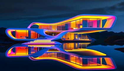 Vibrant futuristic house illuminated at night with digital effects, reflecting on a tranquil water surface beneath a dark sky