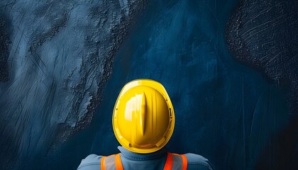 Aerial view of a worker in a yellow hard hat against a dark blue textured background, showcasing industrial and construction elements.